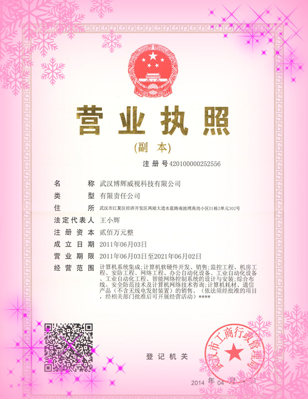 武漢監(jiān)控安裝公司博輝威視企業(yè)工商執(zhí)照